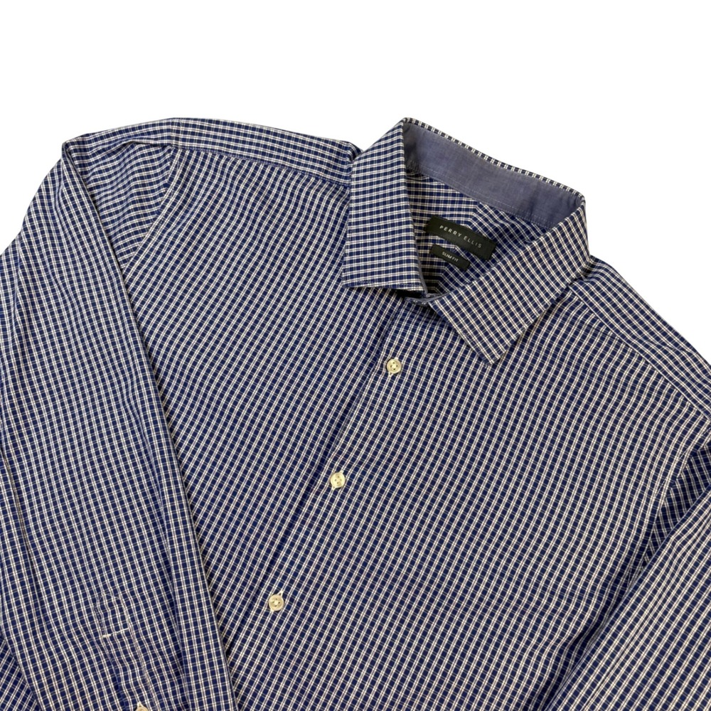 Perry Ellis Slim Fit Blue White Gingham Non Iron Dress Shirt Mens 17 34/35 XL